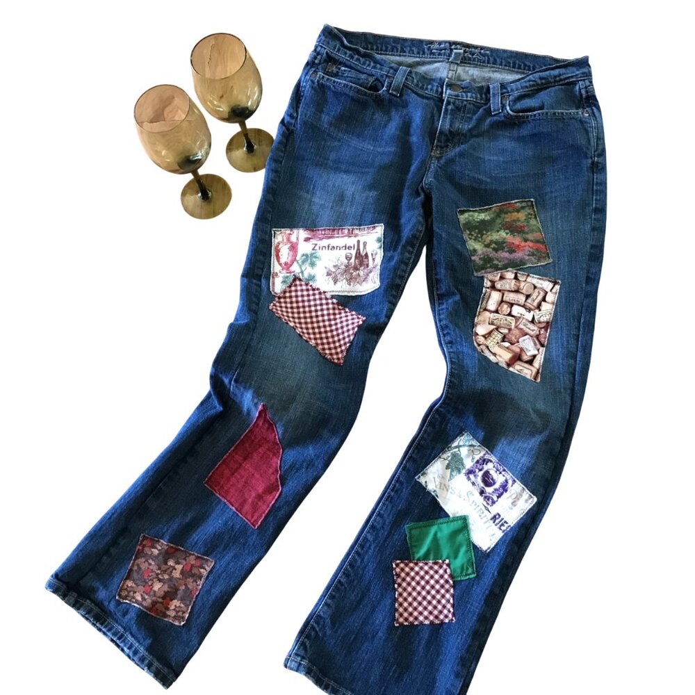 Upcycled Patchwork Jeans, Wine Theme Boho Hippie Style Pants, Size 6 Short